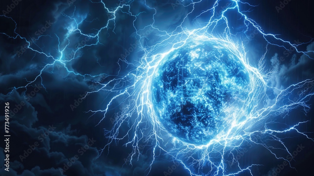 Poster a striking image of a blue ball of lightning in a dark and dramatic sky. perfect for science or weat