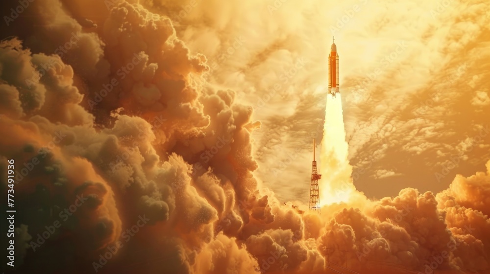 Poster A space shuttle taking off into the sky. Ideal for science and technology concepts.