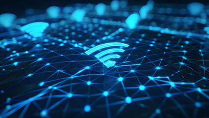  Blue digital wireless network icon with abstract connection lines on a dark background. Abstract digital background of wifi icon with blue glowing connections on a dark background. - obrazy, fototapety, plakaty