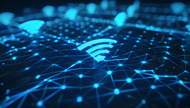  Blue digital wireless network icon with abstract connection lines on a dark background. Abstract digital background of wifi icon with blue glowing connections on a dark background.