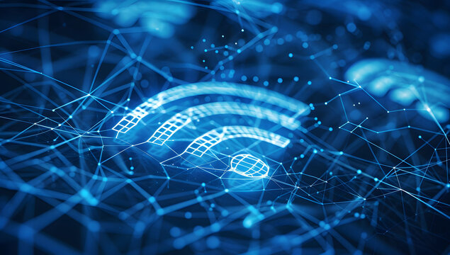  Blue digital wireless network icon with abstract connection lines on a dark background. Abstract digital background of wifi icon with blue glowing connections on a dark background.