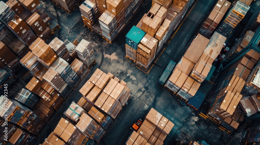 Poster A large amount of boxes stacked in a warehouse. Suitable for logistics and storage concepts