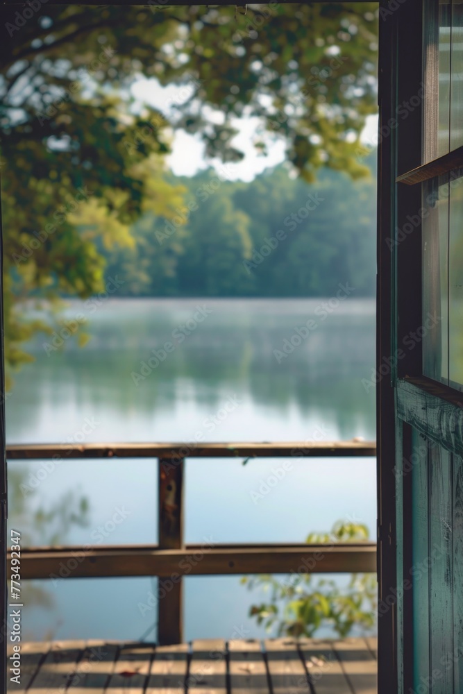 Poster a serene view of a lake through an open door. perfect for travel and nature concepts
