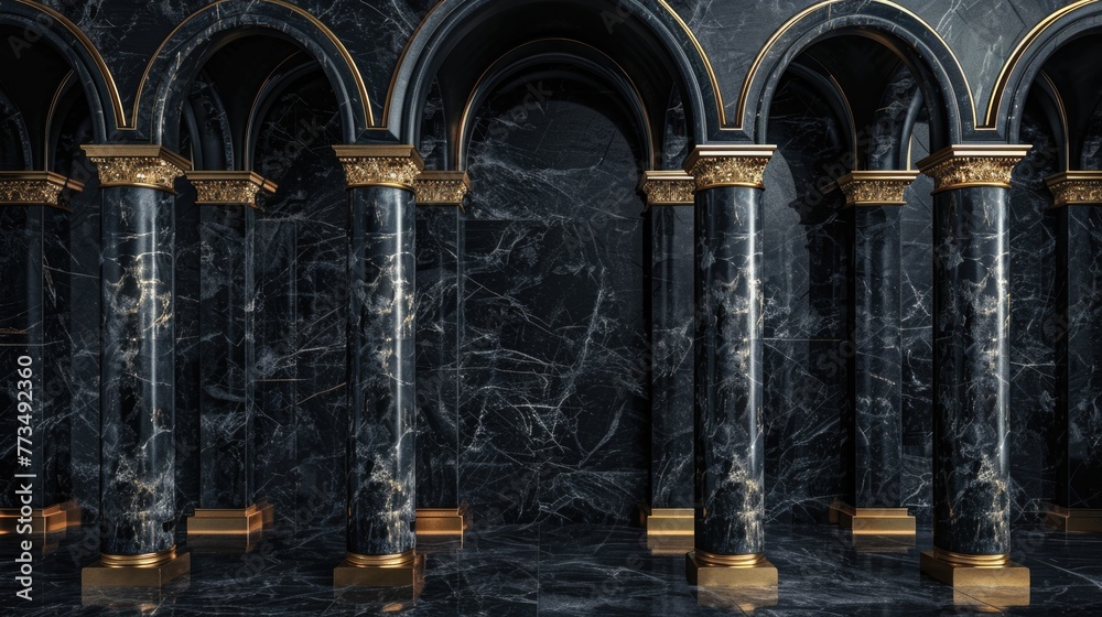 Aufkleber A row of columns in a black marble room. Suitable for architectural design projects