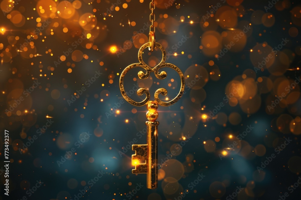 Aufkleber A shiny golden key suspended from a delicate chain. Ideal for concepts of security and access