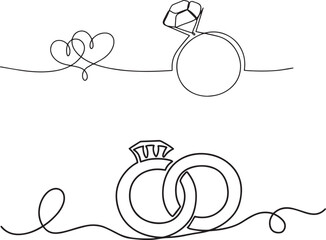 One continuous line drawing of Wedding rings. Romantic elegance concept and symbol proposal engagement and love marriage invitation in simple linear style. Editable stroke. Doodle vector illustration