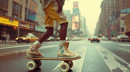 A modern person wearing yellow shorts and silver boots is riding a skateboard down a city street