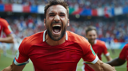 An emotional man in a football stadium illuminated by bright lights.
Concept: Football matches as an exciting spectacle that combines sports and entertainment.