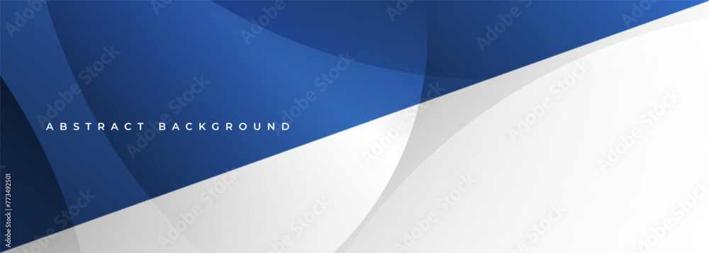 Poster white and blue modern abstract wide banner with circles and geometric curve shapes. dark blue and wh