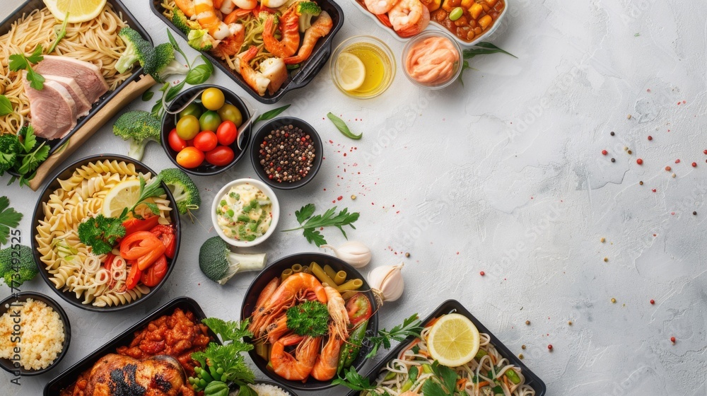 Aufkleber A table displaying a wide array of food items. Ideal for food blogs or restaurant menus