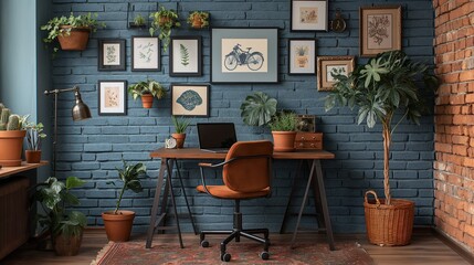 Stylish loft interior of a room with a desk and an armchair with a blue brick wall in an urban style