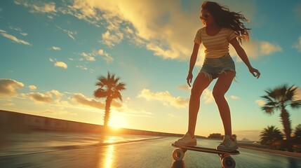 A silhouette young stylish woman in ahelmet rides a skateboard along the road in the light of the sun's rays near beach. Summer modern sports activities - obrazy, fototapety, plakaty