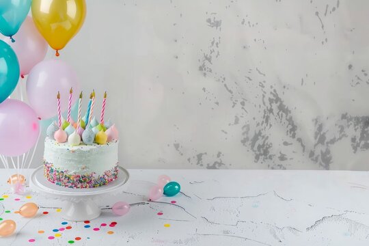birthday party balloons with confetti and cake on light. space for text 