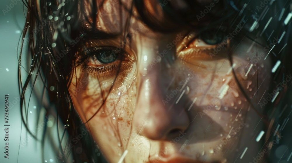 Poster close-up of a woman's face in the rain. suitable for various emotional or weather-related concepts