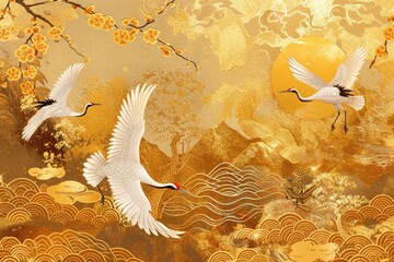Naklejka premium Two cranes flying over a beautiful golden landscape, perfect for nature themes