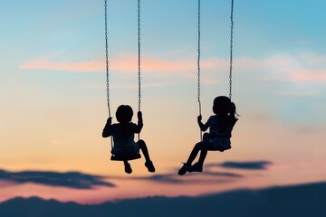 Two little girls enjoying a swing at sunset. Perfect for family and leisure concepts