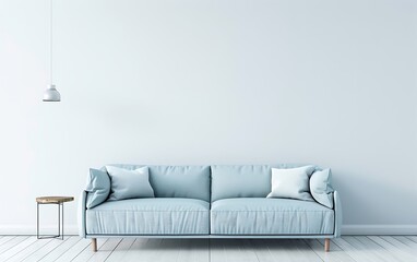 Modern interior design of a living room with a light blue sofa and copy space wall mock up background, in high definition - obrazy, fototapety, plakaty
