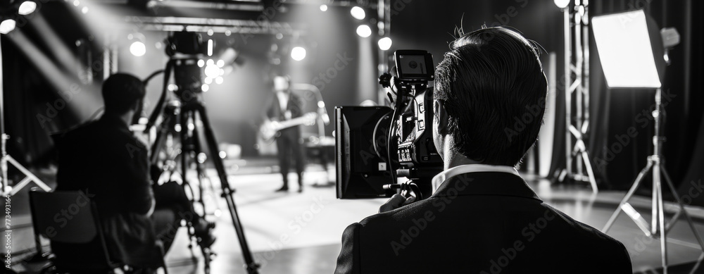 Poster a man capturing a moment on stage. suitable for photography concepts