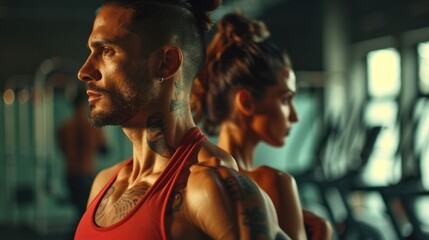 Obraz premium A man and a woman working out in a gym. Suitable for fitness and exercise concept