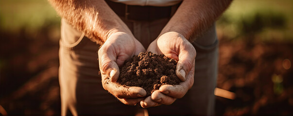 Dark soil in farmer hands. banner. Male hands touching soil on the field.