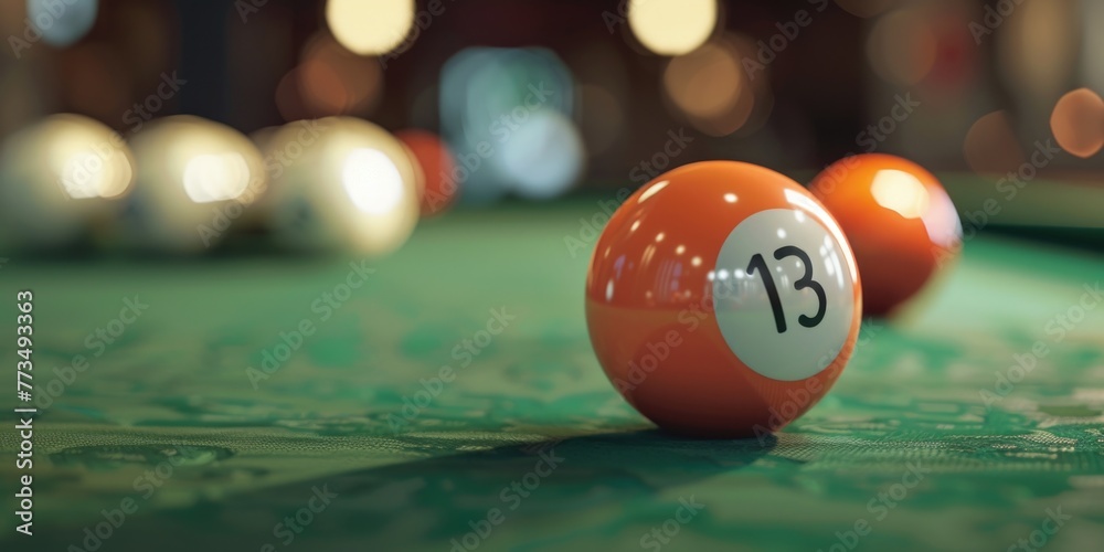 Poster A pool table with the number thirteen on it. Suitable for sports and leisure concepts