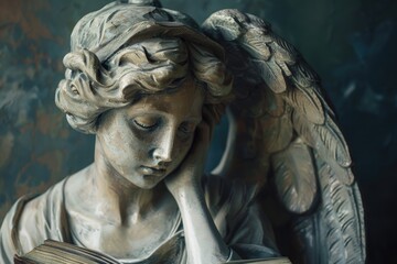 Angel statue reading a book, suitable for educational projects