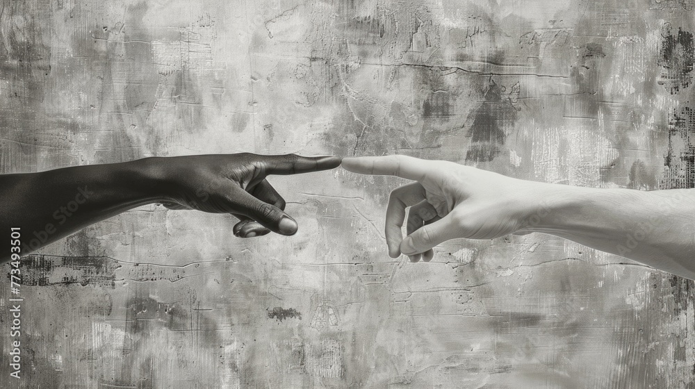 Poster a black and white photo of two hands touching. suitable for various concepts