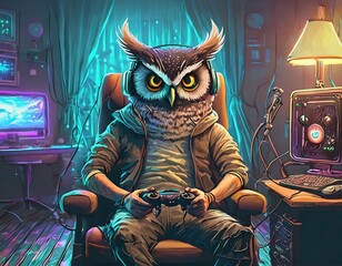  night owl seating on gaming chair wearing gaming headset and microphone playing videogames - obrazy, fototapety, plakaty