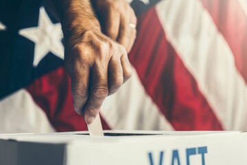 Shallow depth of field (selective focus) image with the hand of a person voting in the US presidential elections - obrazy, fototapety, plakaty