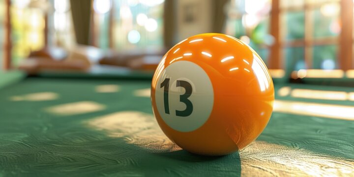 A vibrant orange pool ball resting on a green table. Perfect for sports and leisure concepts