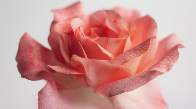 A beautiful pink rose photographed up close on a plain white background. Perfect for wedding invitations or floral designs