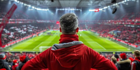 A football coach silhouettes during a match on a football field from the stadium with his back to the camera.
Concept: a fan watching the game, a moment of anticipation. - obrazy, fototapety, plakaty
