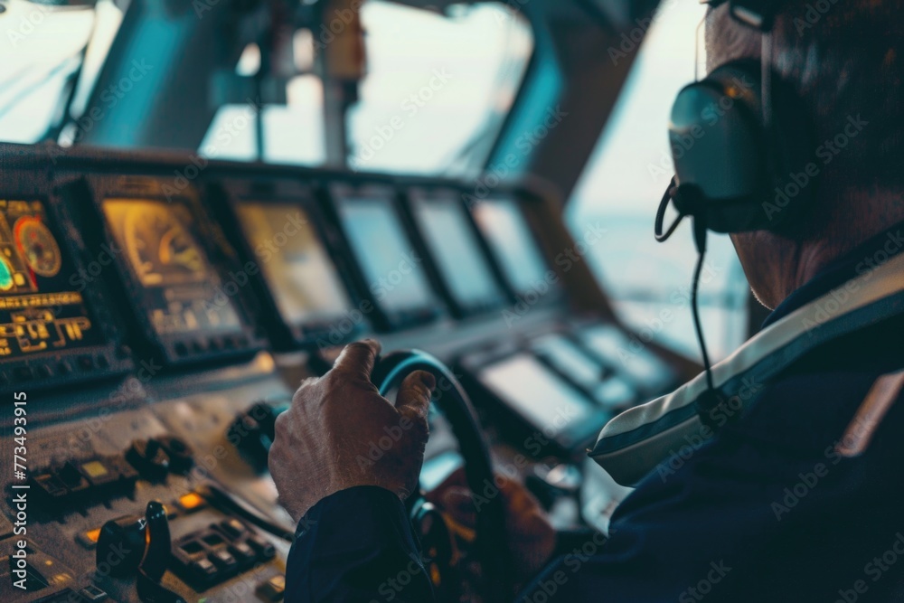 Poster a man in a pilot's seat at the controls of a plane. suitable for aviation and travel concepts