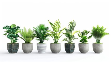 A row of potted plants on a clean white surface, ideal for interior design projects