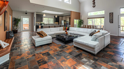 Leather Flooring - Luxurious flooring made from natural or synthetic leather tiles, adds warmth and sophistication to interiors, often used in upscale spaces - obrazy, fototapety, plakaty