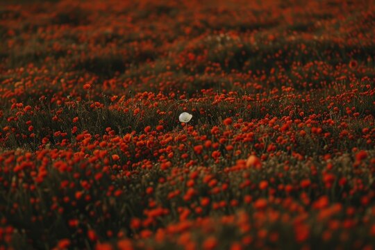 field of red poppies with one white poppy