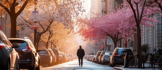 A man strolls amidst blooming city trees, showcasing spring's transformation of urban life. 🌸🏙️ #SpringCityVibes - obrazy, fototapety, plakaty