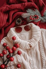 Sunglasses, sweater, and berries arranged on a table, suitable for lifestyle or fashion themes