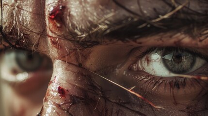 Close-up of a person's eye with blood, suitable for medical or horror themed projects