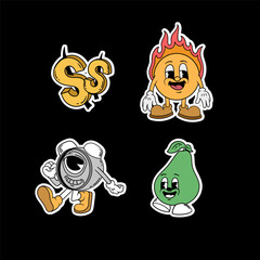 Groovy pop art Cartoon sticker pack collection design templates