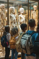 A group of people standing by a display of skeletons. Suitable for Halloween events or educational materials