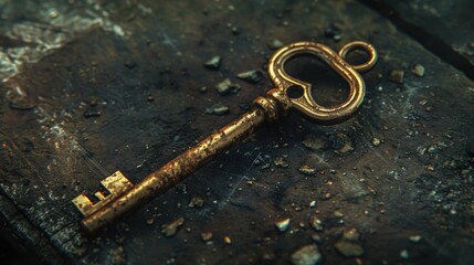 A golden key laying on top of a piece of wood. Ideal for concepts of security and unlocking potential