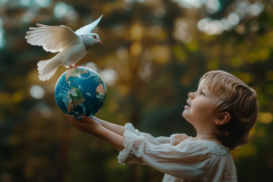 Little child looking at a dove standing on an Earth planet design ball the kid is holding in his hands, message and symbol of peace, love, hope, looking towards a beautiful future, outdoors photo