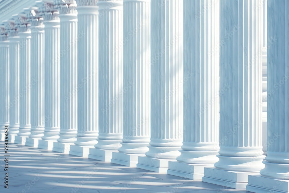 Poster A long row of white columns in a building. Suitable for architectural design projects