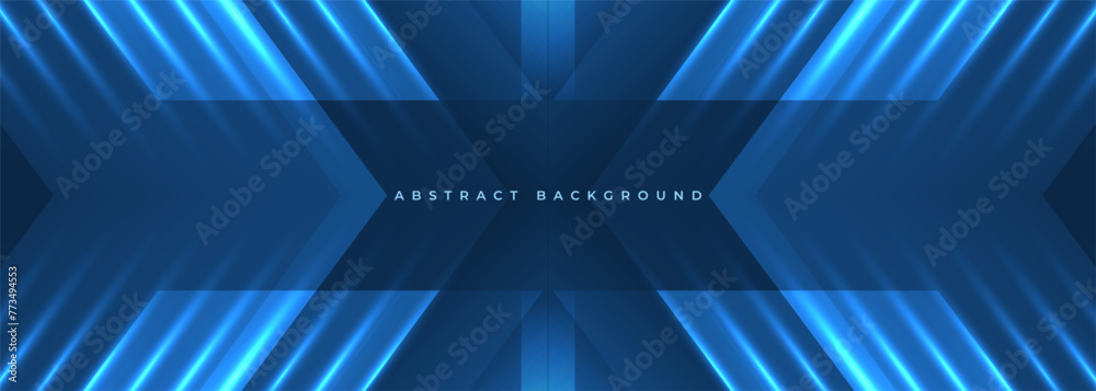 Poster blue wide abstract horizontal technology banner background with diagonal blue neon lines and arrows.