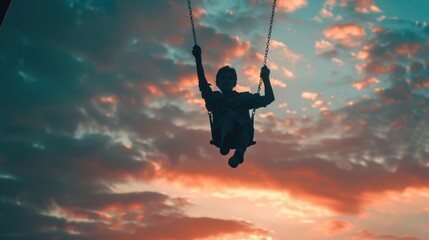 A young boy enjoying a swing at sunset. Perfect for lifestyle or childhood themes - obrazy, fototapety, plakaty