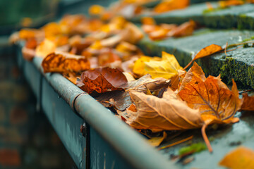 Autumn leaves in a rain gutter on a roof, dirty filled gutters - obrazy, fototapety, plakaty