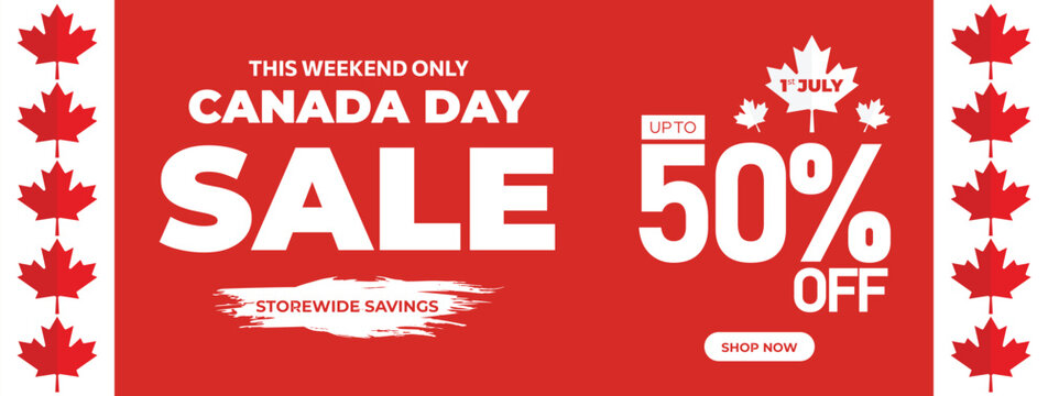 Canada Day Sale Web Banner. Happy Canada Independence Day Mega Big Sale Banner Background Illustration. Canada Day Weekend Promotion Discount Banner. First of July Holiday Special Offer Template