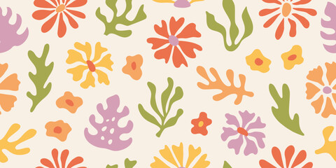 Abstract floral seamless pattern in vintage pastel colors. Organic nature shapes background. Contemporary art collage. Children doodle print. Vector trendy design.