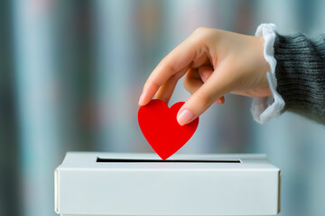 Female hand putting a red paper heart into a slot of white donation box. Charity, donation, election, fund raising, help, love, gratitude concept